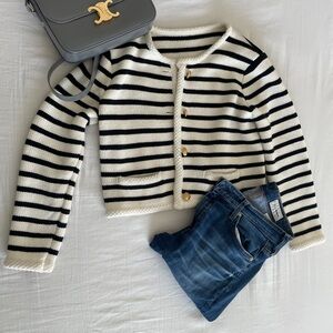 Striped Black and White Cardigan with Gold Buttons